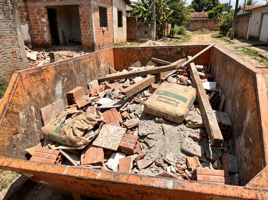 Caçamba cheia de tijolos quebrados, pedaços de cerâmica e sacos de cimento